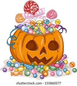 Ilustración de una linterna de Jack-o' llena de caramelos recogidos de trucos o tratamientos