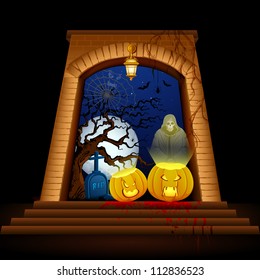 illustration of jack-o-lantern with grim on Halloween night