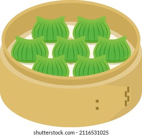 Illustration of jade dumplings in a bamboo steamer