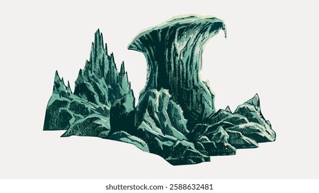 Illustration of jagged rocks, featuring sharp, jagged formations. The jagged rocks are depicted in green hues, showcasing their jagged, natural beauty. Vintage art painting vector.