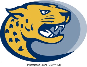 illustration of a jaguar head facing side set inside an oval done in retro style