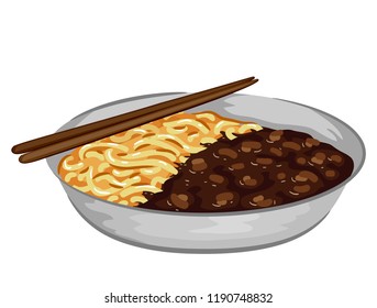 Illustration of Jajangmyeon, a Korean Chinese Noodle Dish with Black Sauce