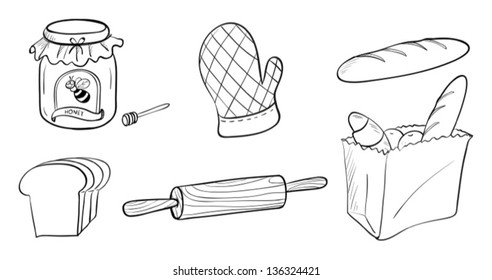Illustration of a jam, bread and baking materials on a white background