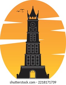 Illustration of Jam Gadang Clock Tower in the afternoon. Vector and illustration of Iconic tower or landmark of Bukit Tinggi, Sumatra Barat, Indonesia.