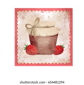 Illustration with jam and strawberries on pink background with a frame is a ready solution for your goods presentation. The most appropriate for food items. kitchen staff, caffeterias