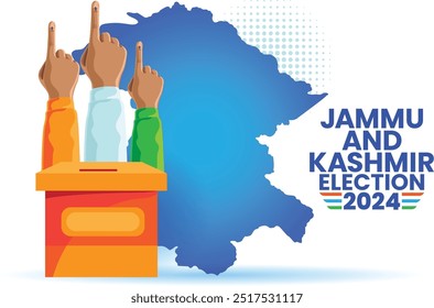 Ilustração das Eleições 2024 em Jammu e Caxemira com Mãos de Voto e Mapa de Fundo