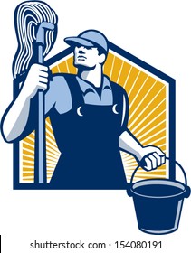 Illustration of a janitor cleaner worker holding mop and water bucket pail viewed from low angle done in retro style.