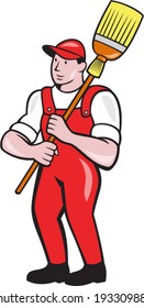 Illustration of a janitor cleaner worker holding broom sweep standing viewed from front set inside circle done in cartoon style.