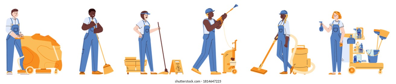 Illustration of a janitor cleaner worker vacuum cleaning facing front set inside ellipse done in retro style.