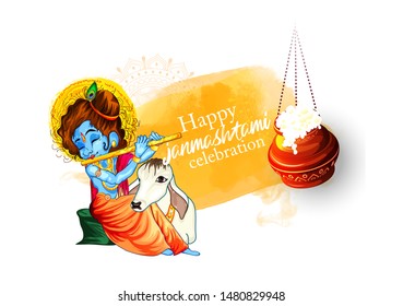 illustration of Janmashtami  festival  with Lord Krishna playing flute, pot, 