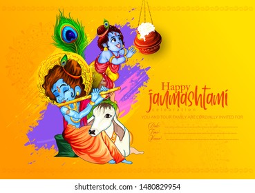 illustration of Janmashtami  festival  with Lord Krishna playing flute, pot, 