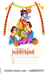 illustration of Janmashtami  festival  with Lord Krishna playing flute, pot, 