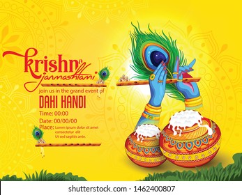 illustration of Janmashtami, Lord Krishna hand playing bansuri, peacock feather, flute, Pot of yoghurt, India festival