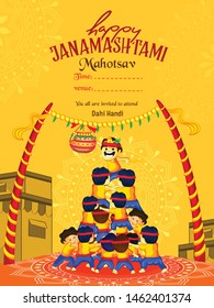 illustration of Janmashtami, playing dahi handi, peacock feather, flute, Pot of  India festival