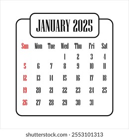 Illustration of January 2025 calendar