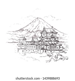 Illustration Japan Himeji castle.Japan cityscape sketch.Drawing asia sightseeing.