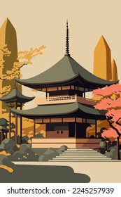 Illustration japan temple or asian pagoda, japanese traditional landmark with cherry blossom tree Mount Fuji vector design poster flayer template