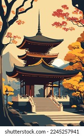 Ilustración templo japón o pagoda asiática, monumento tradicional japonés con árbol de flores de cerezo Monte Fuji diseño de afiches de diseño de vectores planilla de fláter