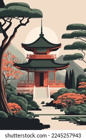 Illustration japan temple or asian pagoda, japanese traditional landmark with cherry blossom tree Mount Fuji vector design poster flayer template