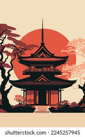 Illustration japan temple or asian pagoda, japanese traditional landmark with cherry blossom tree Mount Fuji vector design poster flayer template