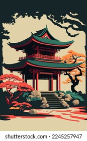 Ilustración templo japón o pagoda asiática, monumento tradicional japonés con árbol de flores de cerezo Monte Fuji diseño de afiches de diseño de vectores planilla de fláter