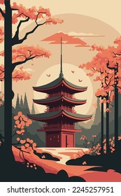 Illustration japan temple or asian pagoda, japanese traditional landmark with cherry blossom tree Mount Fuji vector design poster flayer template