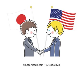 Illustration of Japanese and American politicians shaking hands.