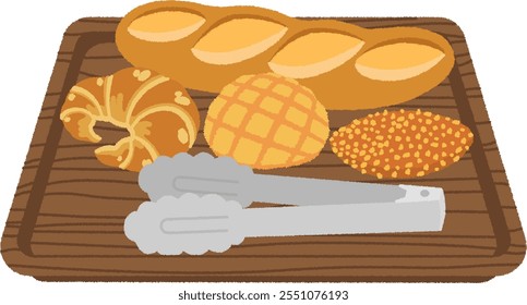 Ilustración de una panadería japonesa. Pan francés y croissants. Conjunto de pan de melón, pan de curry y pinzas