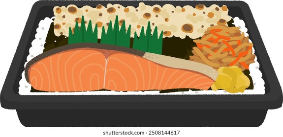 Illustration of Japanese bento. A bento box with white rice, salt-grilled salmon, fried chikuwa, and kinpira burdock.