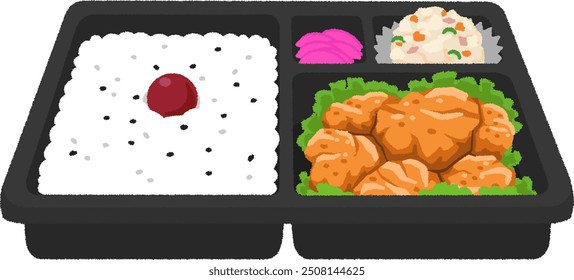 Illustration of Japanese bento. A bento box with white rice topped with pickled plums, fried chicken, and potato salad.