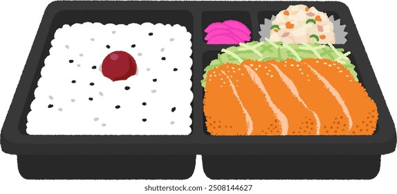 Illustration of Japanese bento. A bento box with white rice topped with pickled plums, loin cutlet, and potato salad.