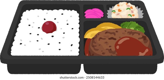 Illustration of Japanese bento. A bento box with white rice topped with pickled plums, a hamburger steak, a side dish, and potato salad.