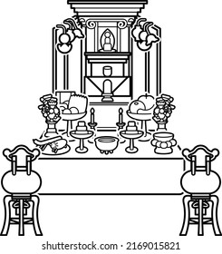 Illustration: Japanese Buddhist altar and Obon decoration. Line vector illustration.