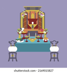 Illustration: Japanese Buddhist altar and Obon decorations. Colorful vector illustration.