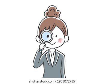 Illustration of a Japanese business woman using a magnifying glass.