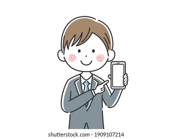 Illustration of a Japanese businessman showing the screen of a smartphone.