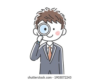 Illustration of a Japanese businessman using a magnifying glass.