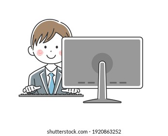 Illustration of a Japanese businessman working on a personal computer.