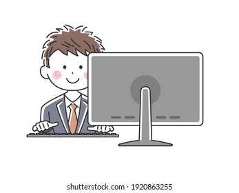 Illustration of a Japanese businessman working on a personal computer.