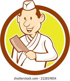 Illustration of a Japanese chef cook holding meat cleaver kitchen butcher knife facing front set inside circle on isolated background done in cartoon style.