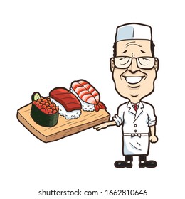 illustration of the japanese chef with sushi rolls.