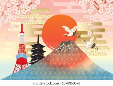 Illustration of Japanese cherry blossoms and Mt. Fuji (Tokyo)
