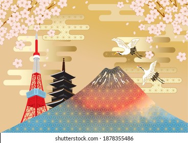 Illustration of Japanese cherry blossoms and Mt. Fuji (Tokyo)
