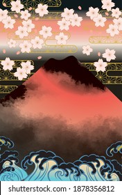 Illustration of Japanese cherry blossoms and Mt. Fuji