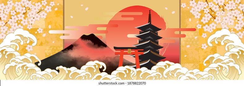 Illustration of Japanese cherry blossoms and Mt. Fuji (Tokyo)
