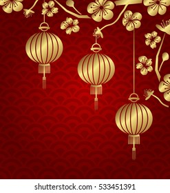 Illustration Japanese or Chinese Golden Background with Lanterns and Sakura - Vector