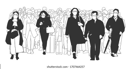 Illustration of Japanese city crowd with face masks in black and white