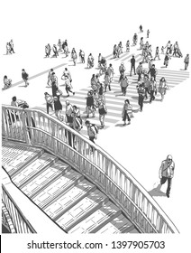 Illustration of Japanese city street with people crossing zebra during rush hour