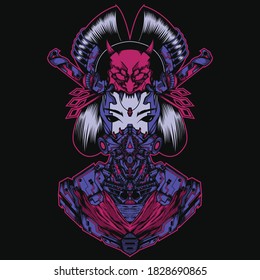 Illustration of japanese culture Geisha with mecha theme, perfect for t-shirt design, merchandise design, logo design, etc.