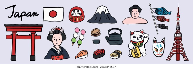 Illustration of Japanese culture with icons like a torii gate, geisha, sushi, and Mount Fuji. Japanese symbols and icons celebrating Japan's rich heritage. Japan travel illustrations vector set.